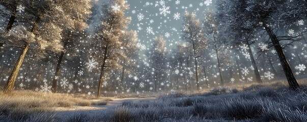 Snowflakes gently falling on a quiet forest clearing tall frosted trees in the background