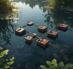 Obraz premium A collection of old, mysterious, floating keys drifting above a quiet, still pond, keys, water