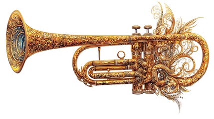  A decorative trumpet with intricate patterns and feathers. The trumpet is a musical instrument, typically made of brass, and is used in various musical genres.