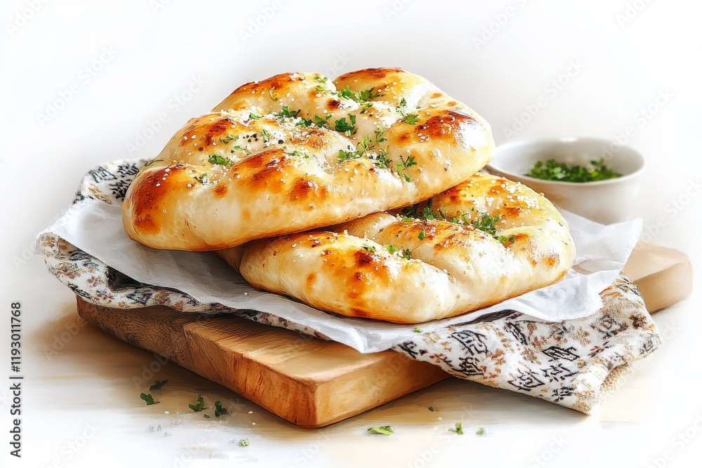 Poster a simplified graphic of an uzbek naan resting on a patterned cloth, with earthy tones and clean outl