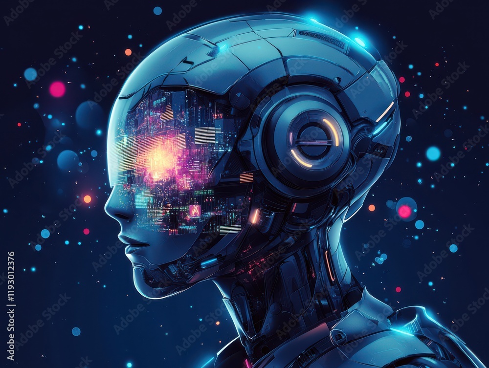 Poster futuristic robotic head with cybernetic features and colorful data visualizations against a dark bac