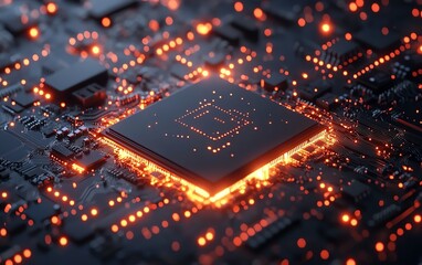 Hightech CPU chip surrounded by glowing circuitry, with a holographic 3D grid and abstract technology visuals, capturing the essence of modern processing technology