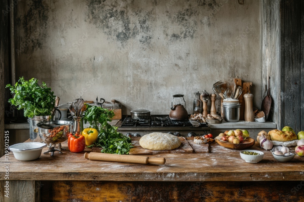 Poster rustic kitchen table set for baking with fresh ingredients and a rolling pin in a warm atmosphere. g