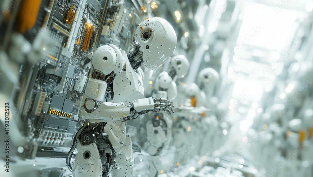 Poster futuristic robots in a high-tech environment with circuit boards and advanced machinery, showcasing 
