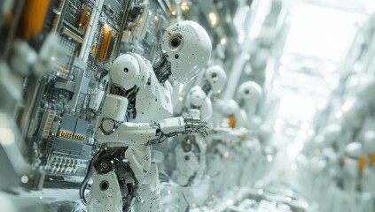 Fototapeta premium Futuristic Robots in a High-Tech Environment with Circuit Boards and Advanced Machinery, Showcasing Innovation and Technology in Artificial Intelligence