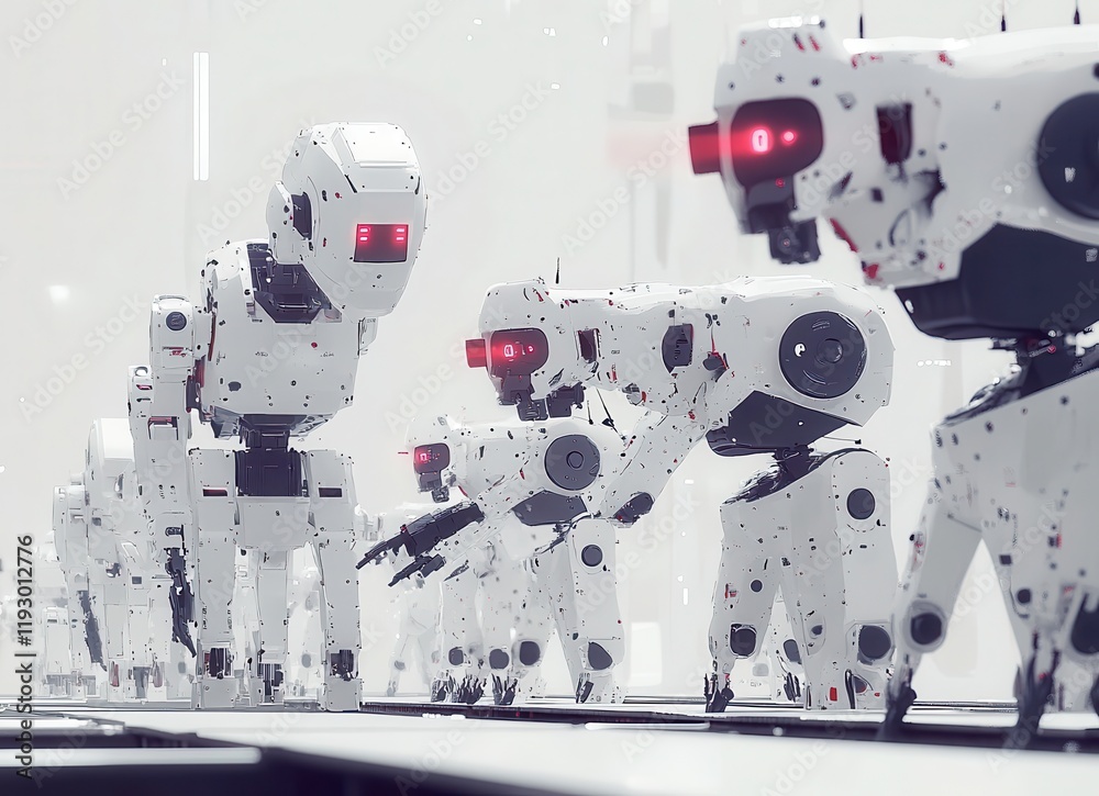 Poster futuristic robots in a high-tech factory setting work together efficiently, showcasing advanced tech