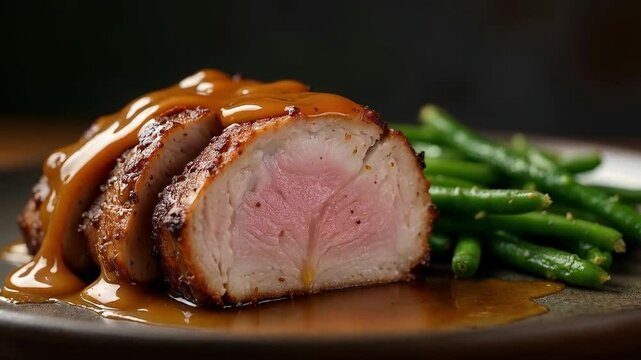 Lomo de cerdo asado con salsa y ejotes en plato r&uacute;stico