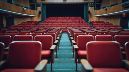 Naklejka premium A theater-style seating arrangement in an event hall with a stage at the front.