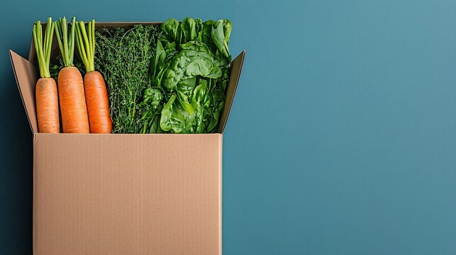Fresh carrots, spinach, and dill in a cardboard box on a teal background.