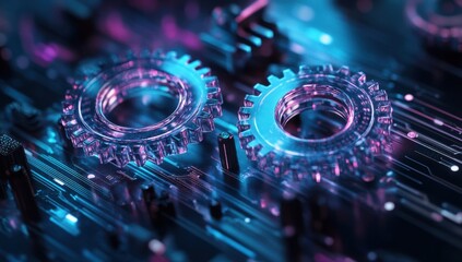 Fototapeta premium Futuristic Technology Concept with Glowing Gears and Circuit Board Design Highlighting Innovation and Digital Connectivity in Modern Engineering Applications