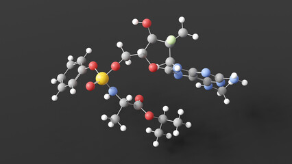 arbemnifosbuvir molecule 3d, molecular structure, ball and stick model, structural chemical formula antiviral drug