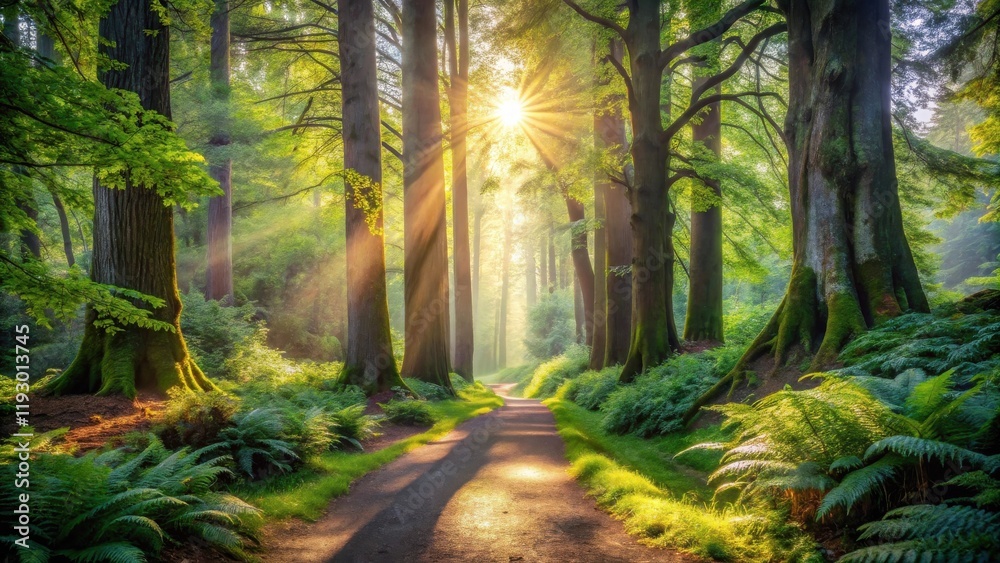 Poster sunlit path through a lush green forest with moss-covered trees