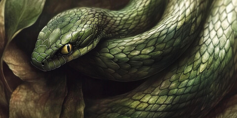 Fototapeta premium Close-Up of a Green Snake Among Leaves
