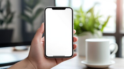 Minimalist desk setup with a hand holding a blank phone screen, a desktop monitor, and a coffee cup.