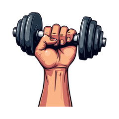 strong man hand raised with a hand holding dumbbell,  strong hand weight lifting gym fitness illustration