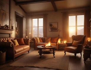 Fototapeta premium A crackling fire casts a golden glow over a room filled with comfortable furniture and warm textiles, cozy atmosphere, comfortable furniture, warm textiles
