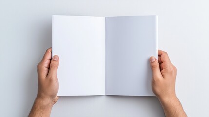 Obraz premium Person holding a blank book with designer layout on table perspective view of creative workspace