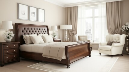Modern luxury bedroom interior with a wooden bed, beige tones, decorative pillows, and indoor plants, featuring elegant furniture and soft natural lighting.