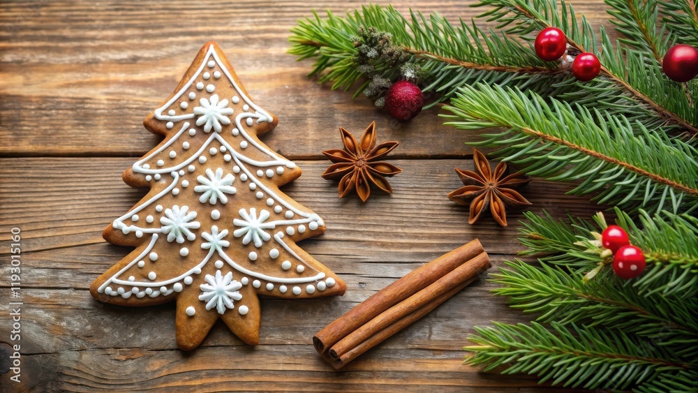 Poster a festive christmas tree-shaped gingerbread cookie with spices and evergreen branches on rustic wood