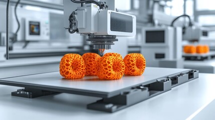 Advanced 3D printing technology showcasing vibrant orange filament printing intricate lattice shapes in a modern tech workshop environment