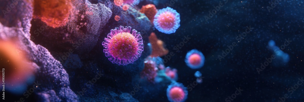 Aufkleber magnified view of colorful viruses showcasing intricate structures in a scientific study on cellular