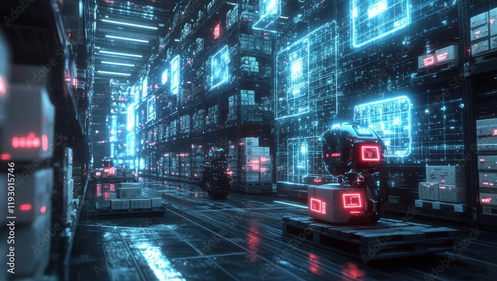 Poster futuristic warehouse with advanced robotics and holographic interfaces displaying data in a highly o