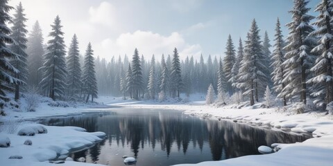Fototapeta premium A snowy forest with snow-covered trees and a frozen lake in the background, frosted glass, snowflake, landscape photography