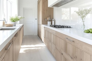 Modern wooden kitchen, minimalist design. Generative AI