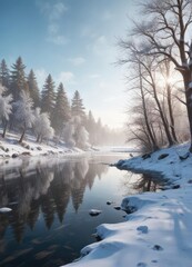 A snowy winter landscape with a frozen lake and trees, icy waters, frozen lakes, serene landscape