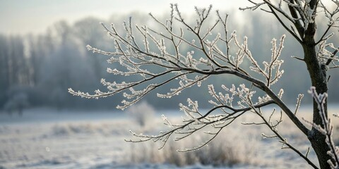 Obraz premium A layer of frost forms on a leafless tree branch transforming it into a crystal-covered sculpture, cold weather effects, frosty sculptures, frozen landscapes, frosty layers, bare tree branches