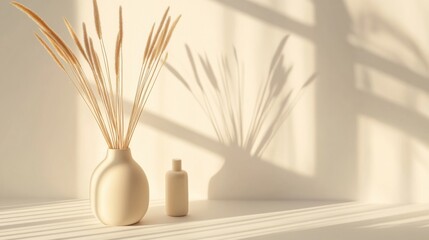 Minimalist Interior Arrangement Featuring Dried Wheat Stems in Creamy Vase with Soft Shadows Casting on a Neutral Wall in Natural Light