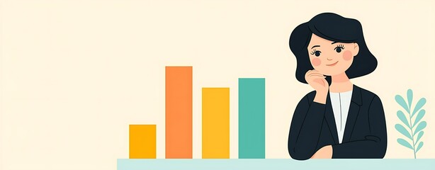 Illustration flat art pastel cartoon of business, Young Woman with Bar Graph Illustration in Pastel Colors