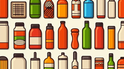 Colorful illustration of various containers and bottles.