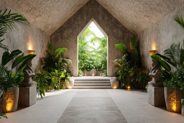Fototapeta premium A vibrant 3D-rendered view of Uxmal pyramid adorned with Aztec warrior statues and glowing ceremonial fire pits, surrounded by lush jungle
