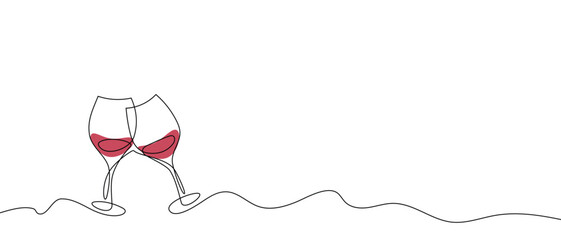 One continuous line of  hand-drawn glasses of wine cheering isolated on a white background.
