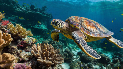 Obraz premium Sea Turtle Swimming in a Coral Reef