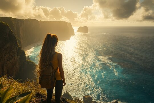 Young woman practicing yoga on a cliffside at sunrise, overlooking a vast ocean. Generative AI