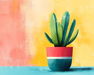 Cactus in a trendy geometric pot, digital art illustration with bold shapes and vivid colors, creating a chic and minimalist design