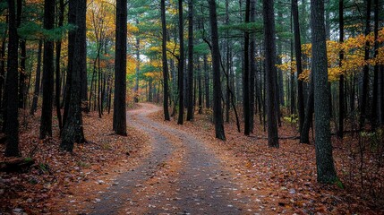 Fototapeta premium Winding forest trail surrounded by tall pines in autumn nature serene environment pathway view