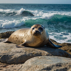 Fototapeta premium Seal Resting on a Rock by the Ocean