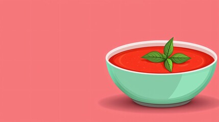 Bowl of tomato soup garnished with basil leaves on a pink background.