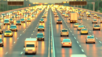 Crowded highways glowing under city lights at dusk