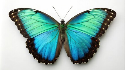 A majestic butterfly with stunning wings in shades of blue and green rests on a pure white background, stem, still life, wings