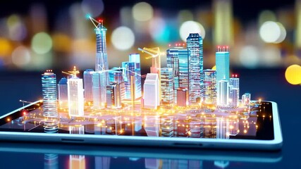 Smart City on Tablet: A vibrant, futuristic cityscape is displayed on a tablet, showcasing technological advancements and urban planning.  The glowing city lights symbolize progress and innovation.
