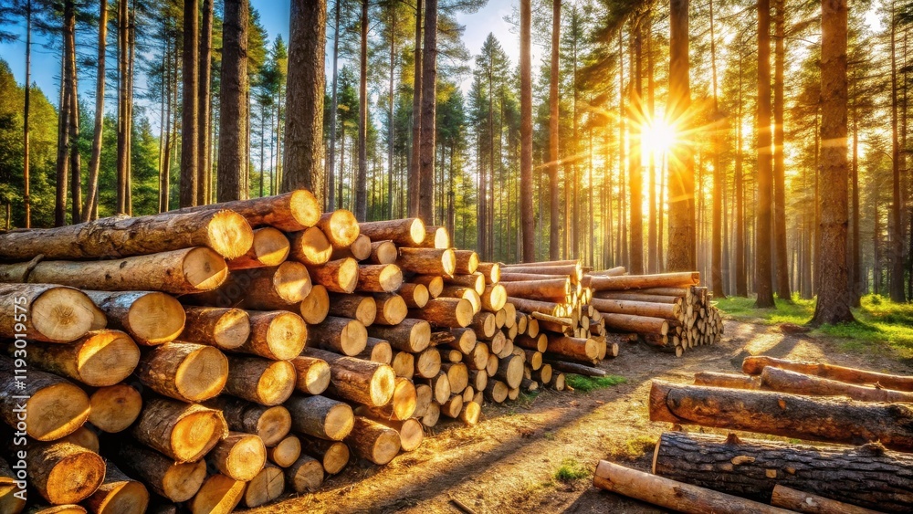 Poster golden hour in a pine forest stacks of harvested logs bask in the setting sun's rays