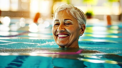 Senior woman swimming in indoor pool wearing pink goggles with joyful expression, symbolizing active aging, health, and water fitness