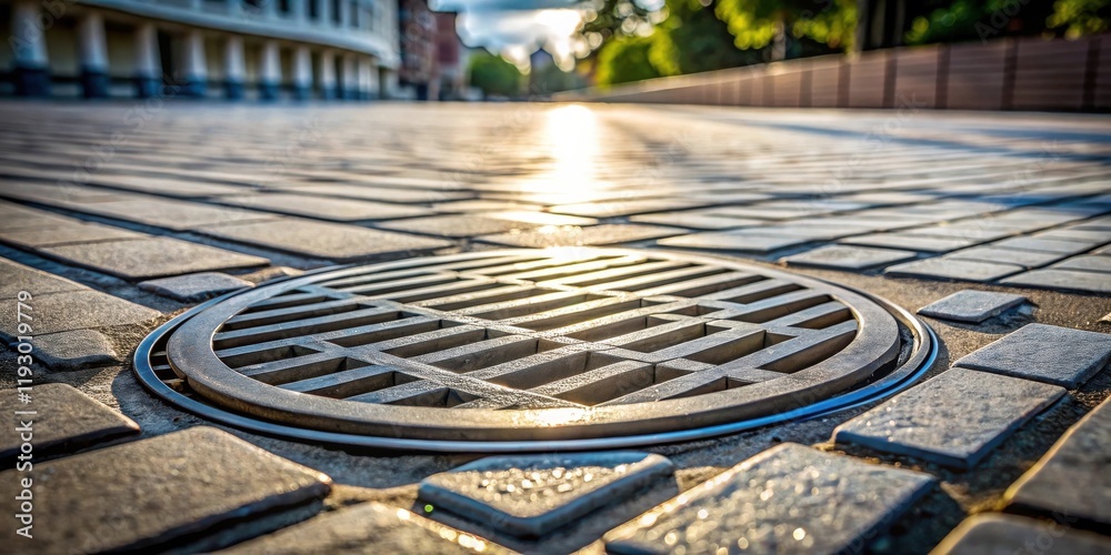 Poster close-up view of a storm drain grate embedded in a sunlit cobblestone street