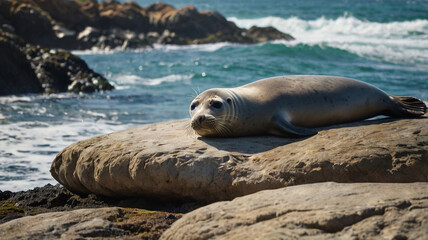 Naklejka premium Seal Resting on a Rock by the Ocean