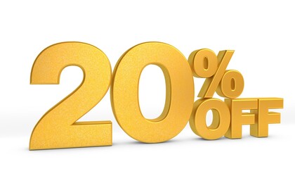 3D 20% off illustration with Golden color on white background. Golden percent isolated. 3D rendering