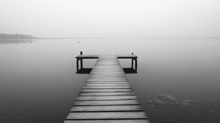 Obraz premium A misty morning view of a wooden pier extending into a calm lake.